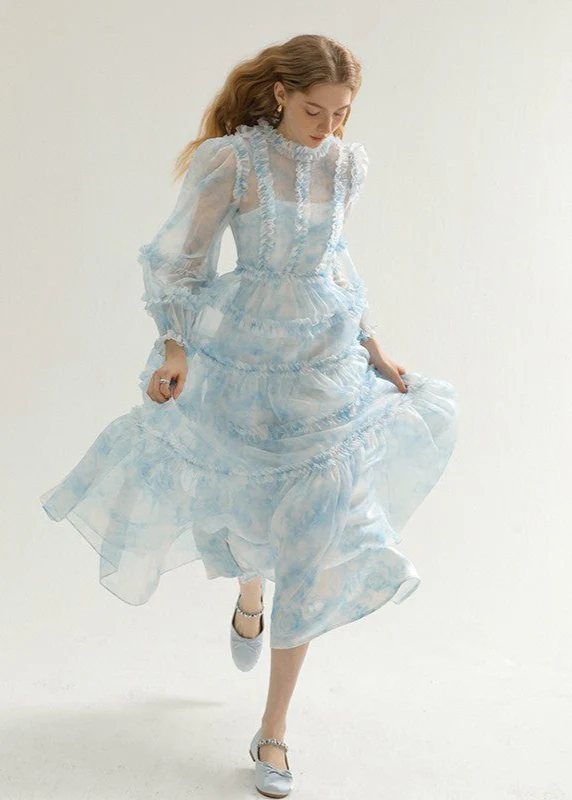Suspenders fairy skirt floral cake long skirt blue