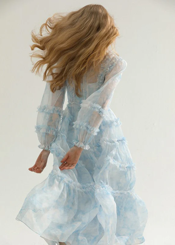 Suspenders fairy skirt floral cake long skirt blue - Image 2
