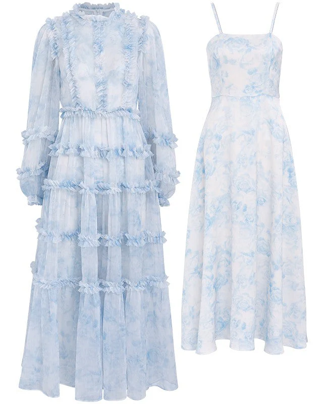 Suspenders fairy skirt floral cake long skirt blue - Image 4