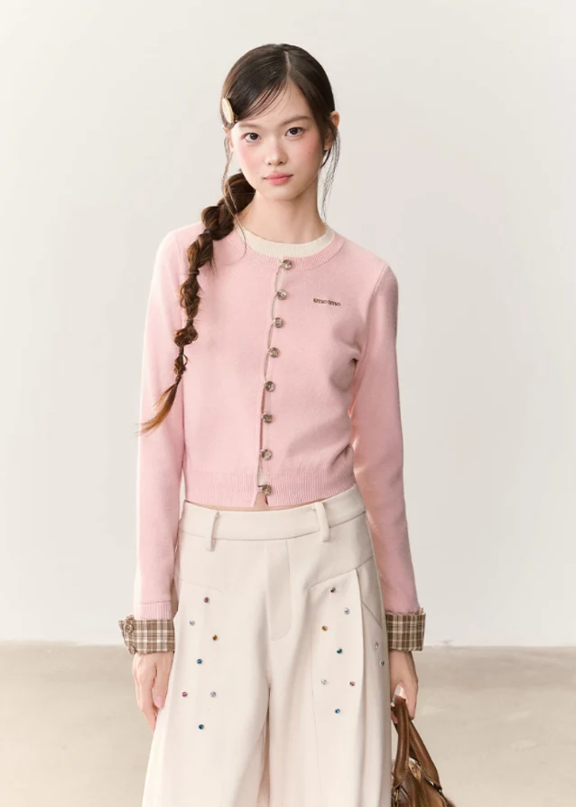 Sweet Patchwork Contrast Knit Cardigan - Image 5