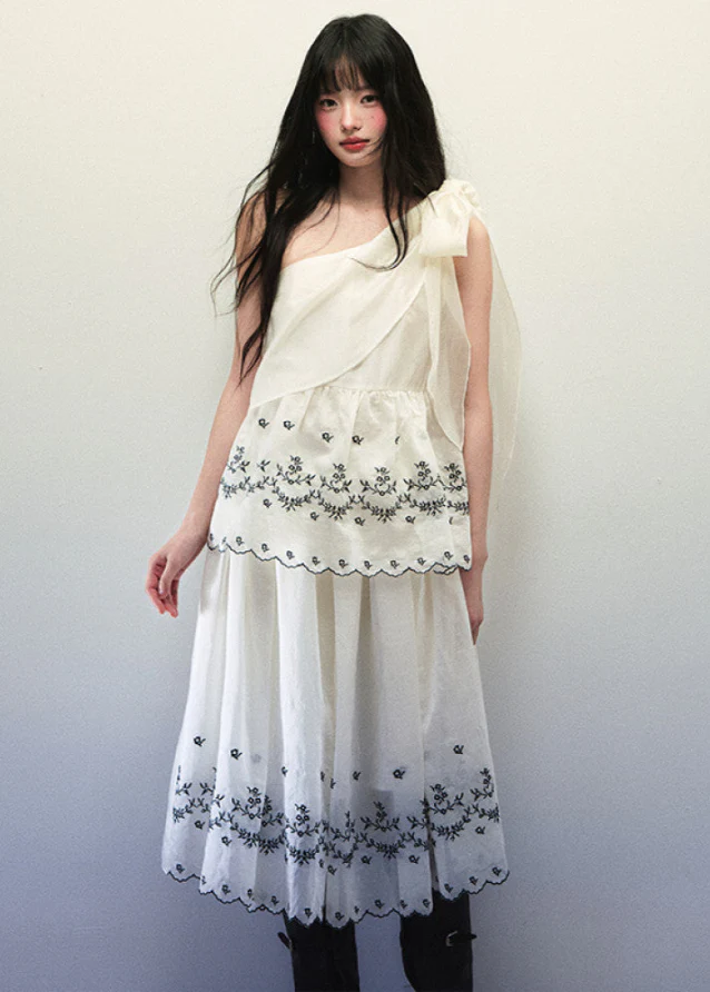Tencel Embroidered Strap Tank & Fold Skirt Set - Image 2
