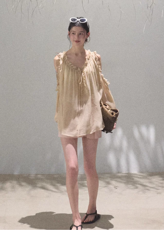 Loose Chiffon V-Neck Hoodie Top - Image 4