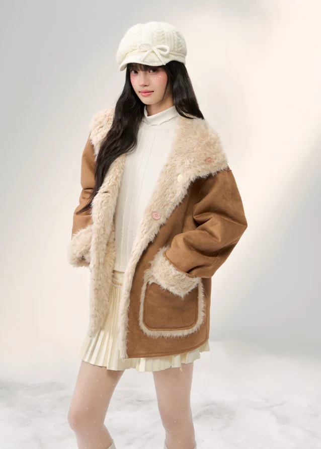Sugar Suede Fluff Patchwork Lapel Coat