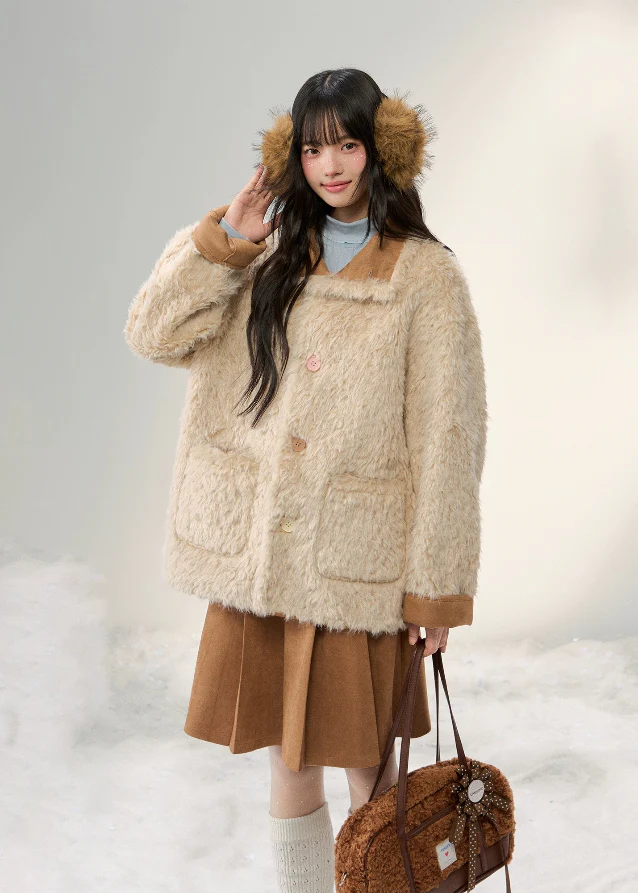 Sugar Suede Fluff Patchwork Lapel Coat - Image 4