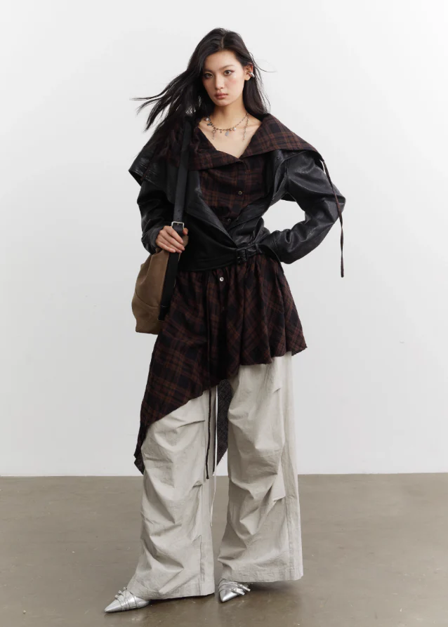 Urban Layered Plaid Apron PU Jacket Set - Image 2