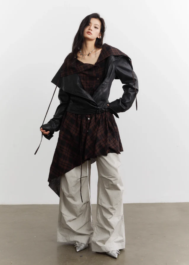 Urban Layered Plaid Apron PU Jacket Set - Image 3