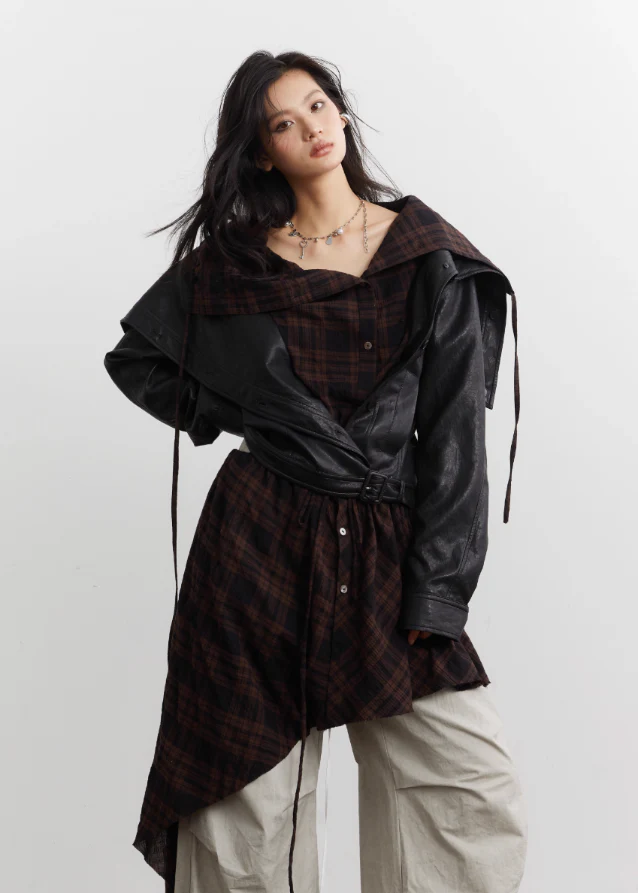 Urban Layered Plaid Apron PU Jacket Set - Image 4