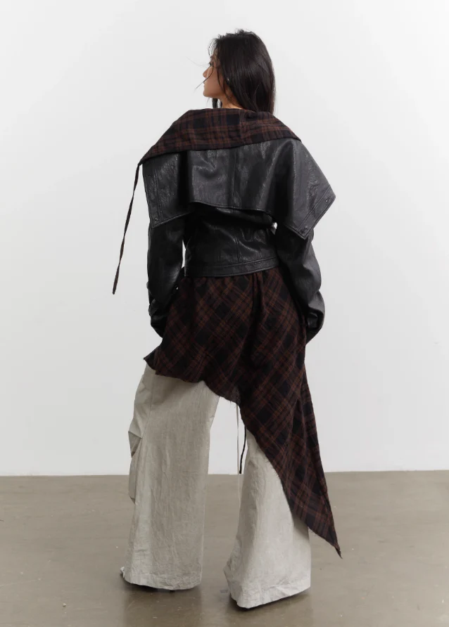 Urban Layered Plaid Apron PU Jacket Set - Image 5