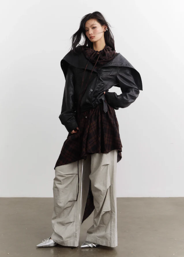 Urban Layered Plaid Apron PU Jacket Set - Image 7