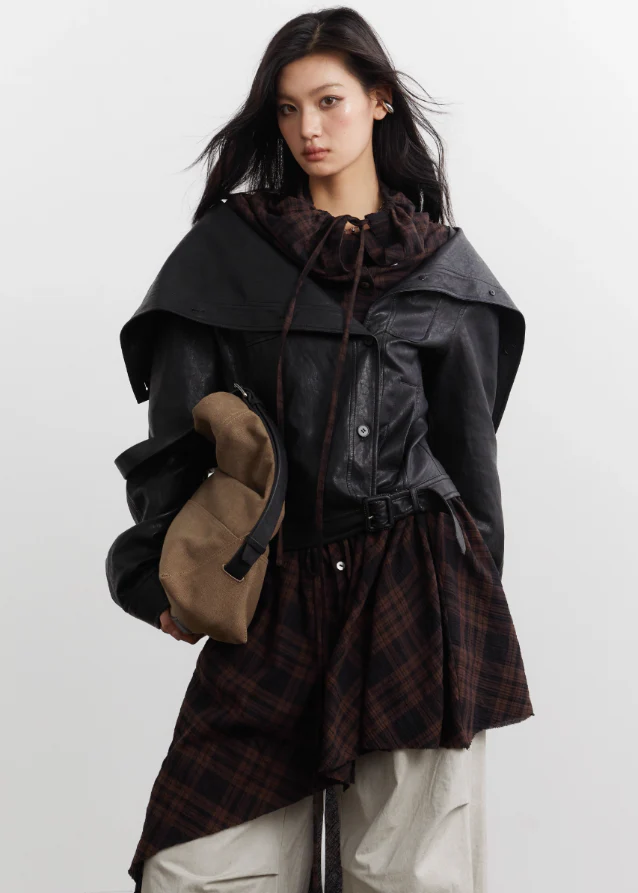 Urban Layered Plaid Apron PU Jacket Set - Image 8