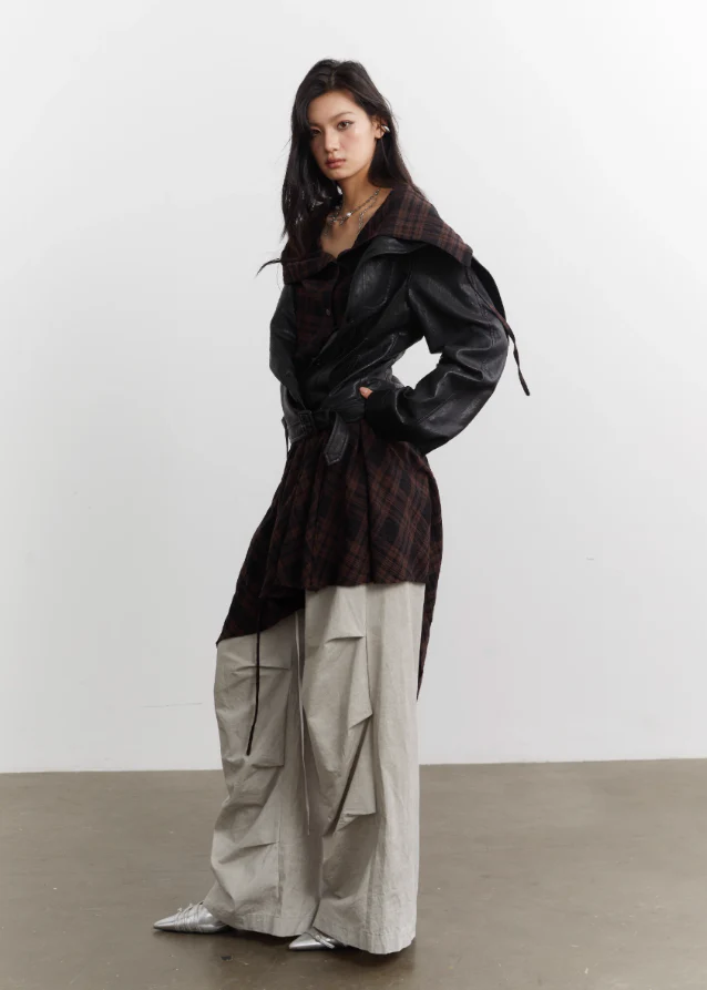 Urban Layered Plaid Apron PU Jacket Set - Image 9