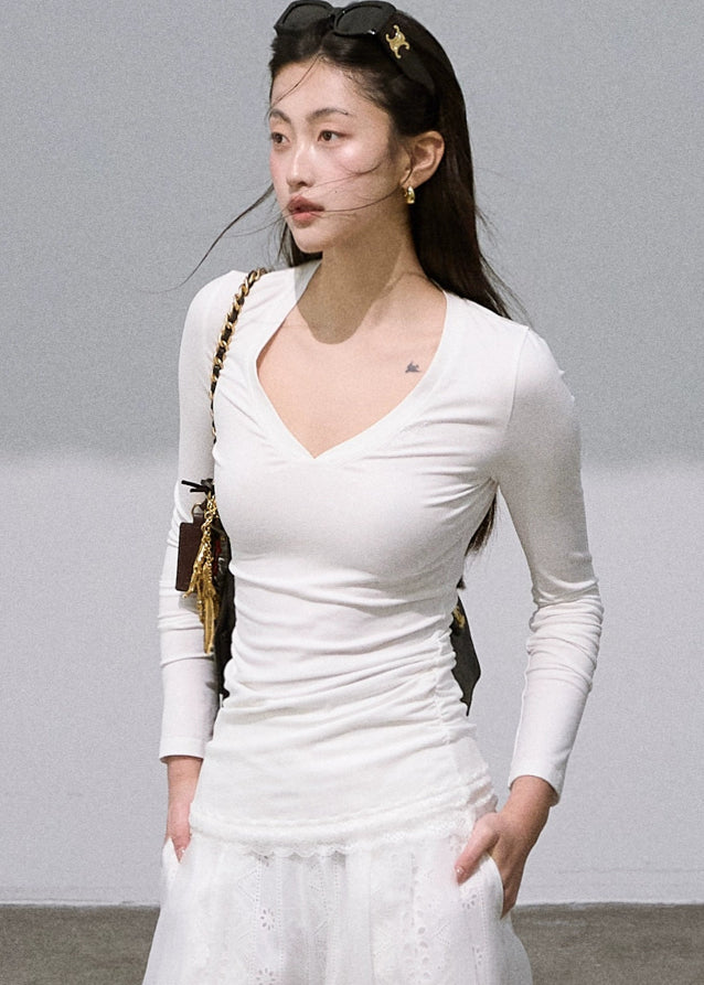 V-Neck Lace Paneled Sweater