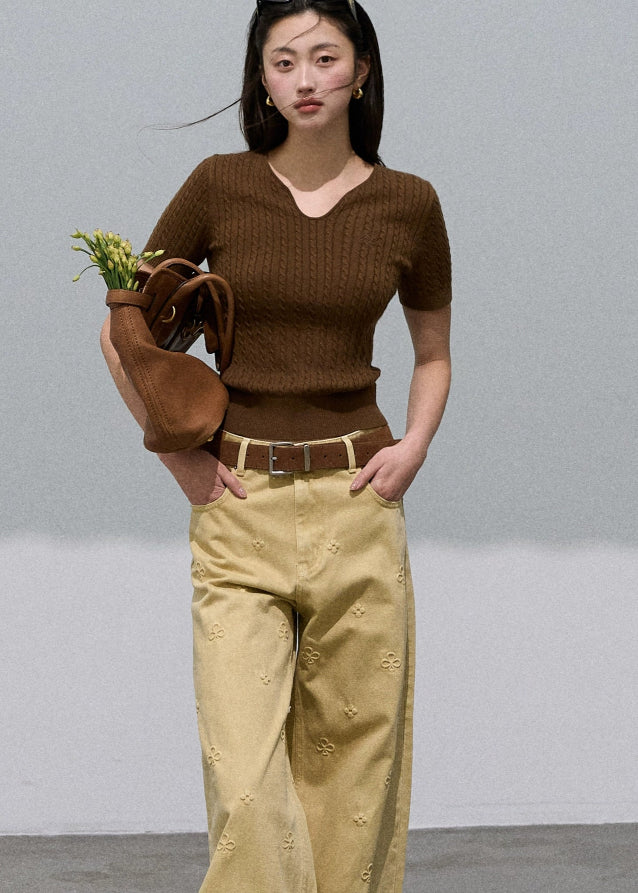 Veins of Autumn Leaves  Embossed Cotton Wide-Leg Jeans