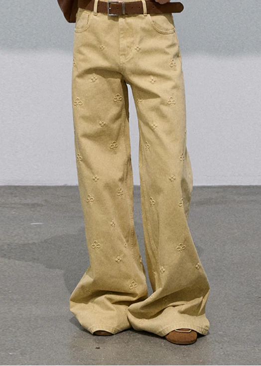 Veins of Autumn Leaves  Embossed Cotton Wide-Leg Jeans - Image 3