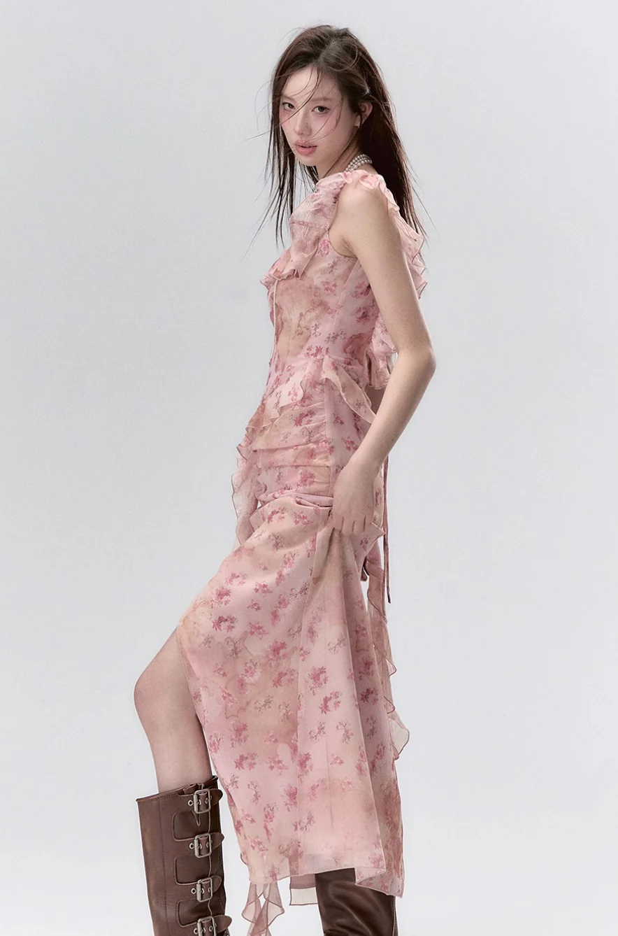 Ear-edge backless waist floral ribbon dress long skirt - Image 3