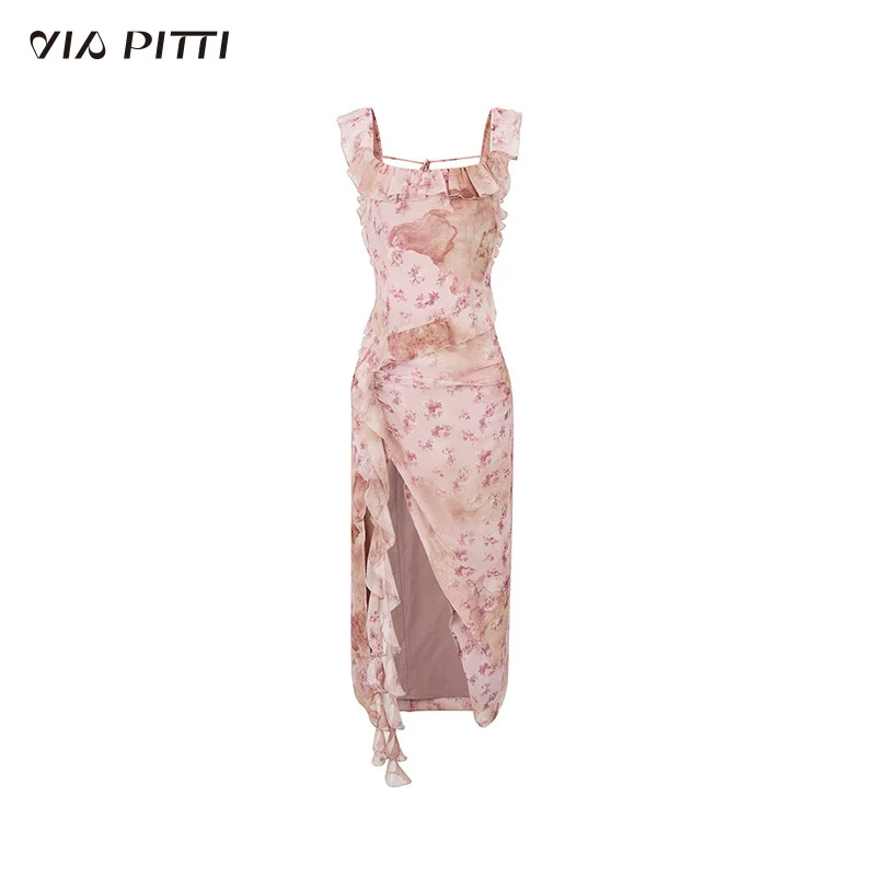 Ear-edge backless waist floral ribbon dress long skirt - Image 6