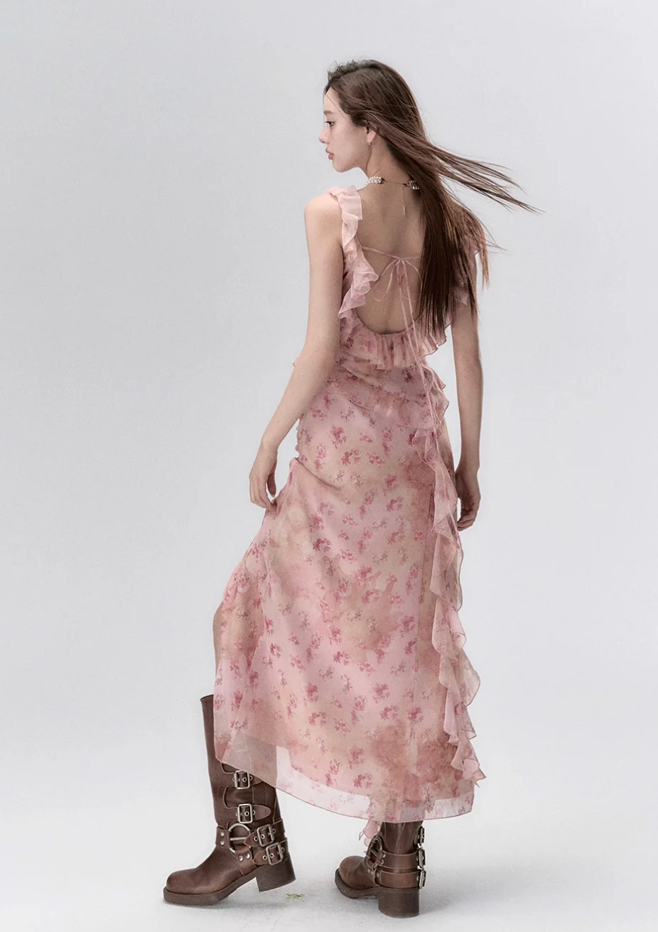 Ear-edge backless waist floral ribbon dress long skirt - Image 7
