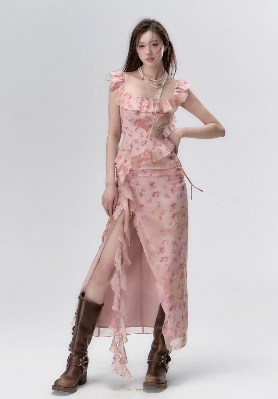 Ear-edge backless waist floral ribbon dress long skirt - Image 8