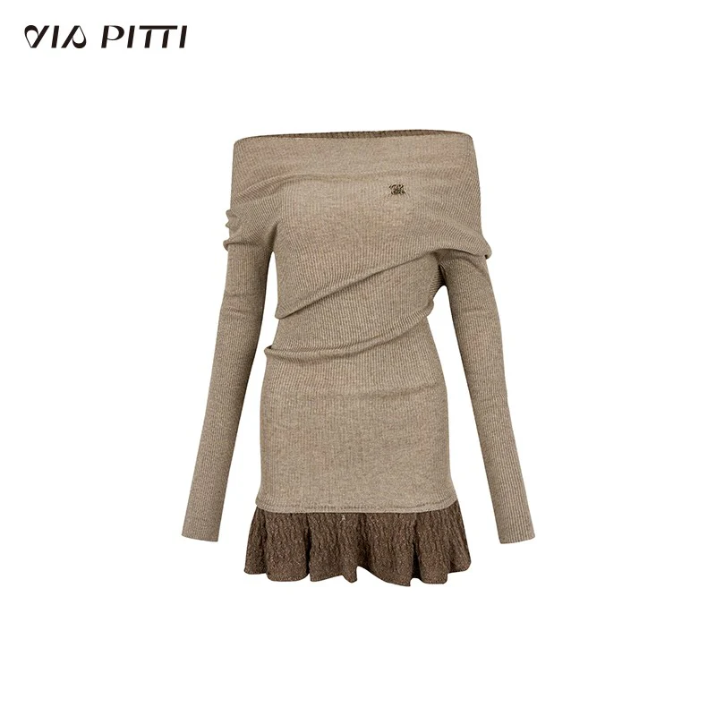 Off-shoulder black knitted sweater skirt hot skirt dress - Image 9