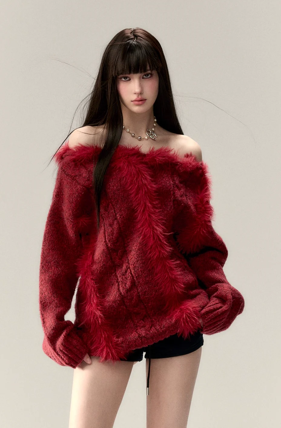 Off-shoulder design with wool knit sweater top - Image 2
