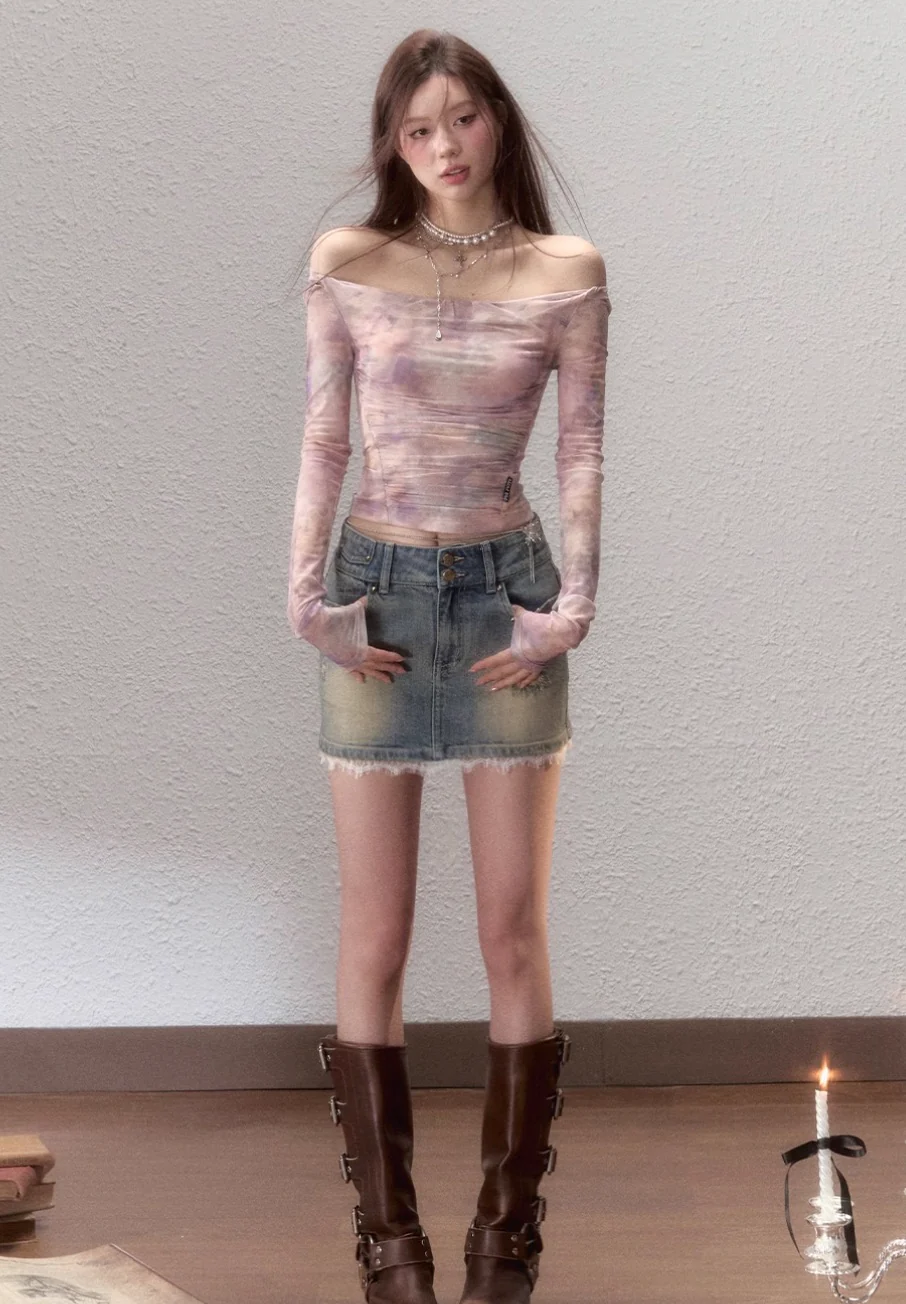 Rendering color design pure desire off shoulder mesh T-shirt - Image 3