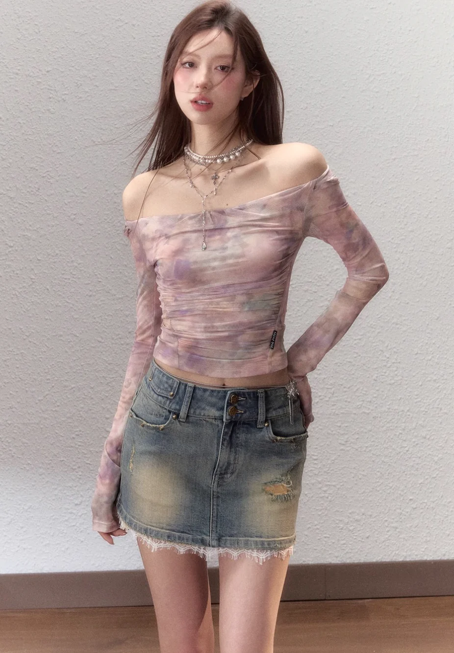 Rendering color design pure desire off shoulder mesh T-shirt - Image 4