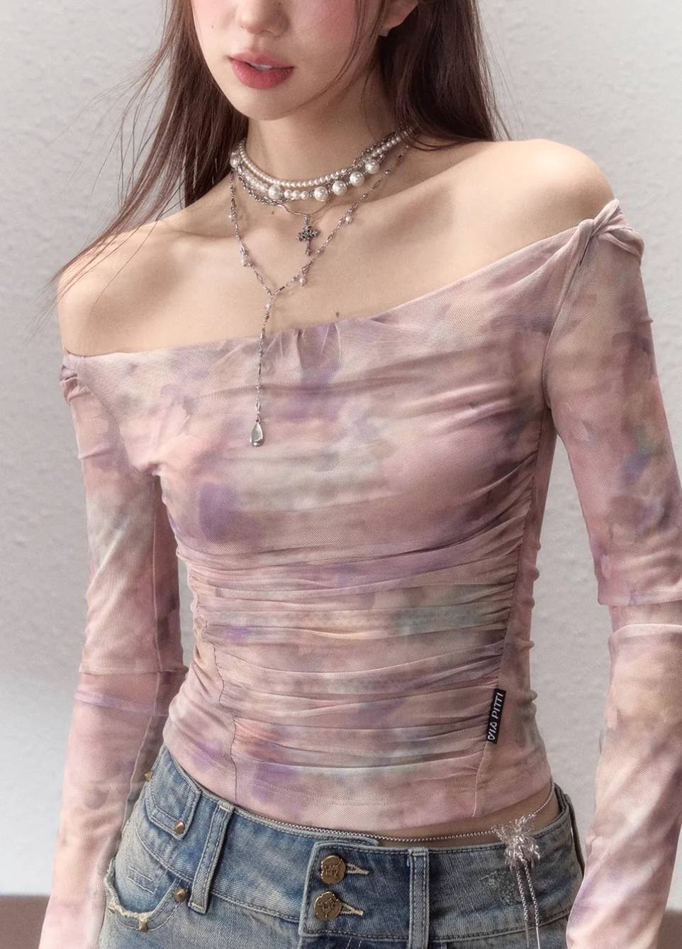 Rendering color design pure desire off shoulder mesh T-shirt - Image 5