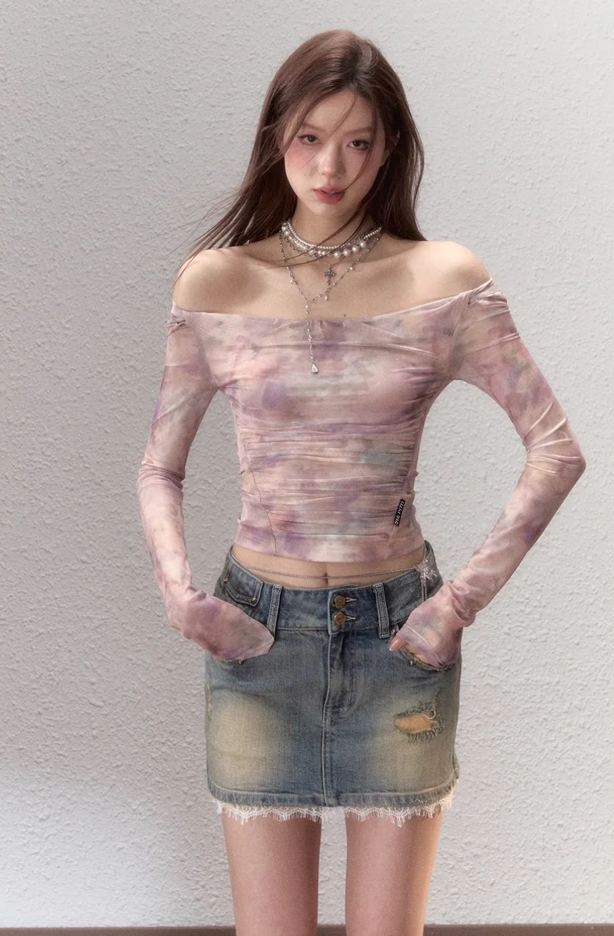 Rendering color design pure desire off shoulder mesh T-shirt - Image 6