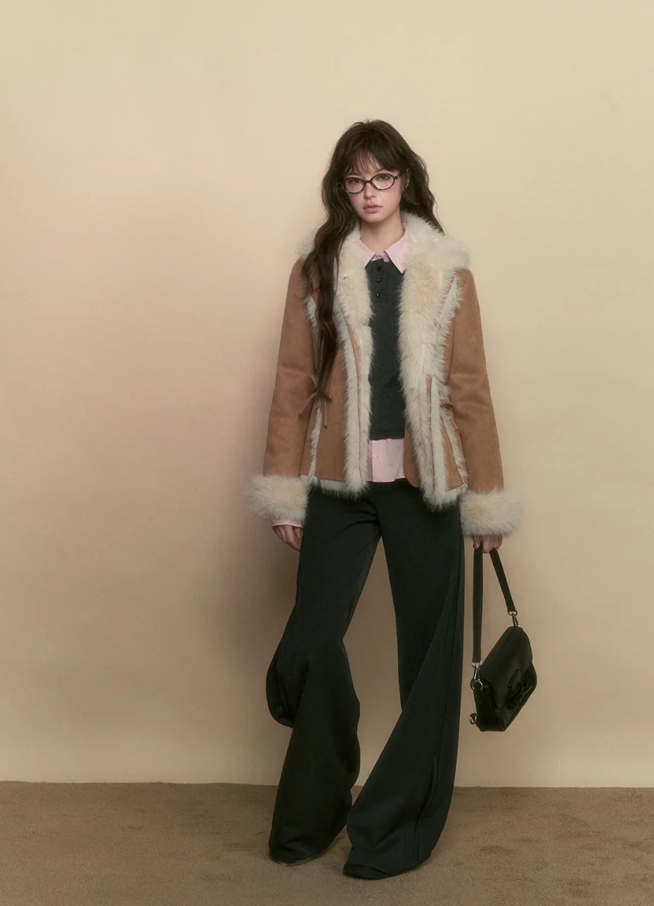 Vintage Khaki/Pink Suede Fur Jacket - Image 2