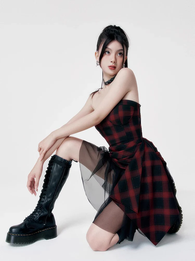 Red black checkered dress tube top dress - Image 3