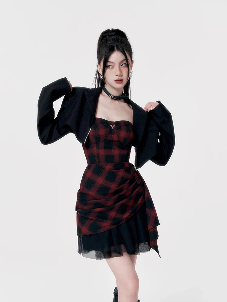 Red black checkered dress tube top dress - Image 4