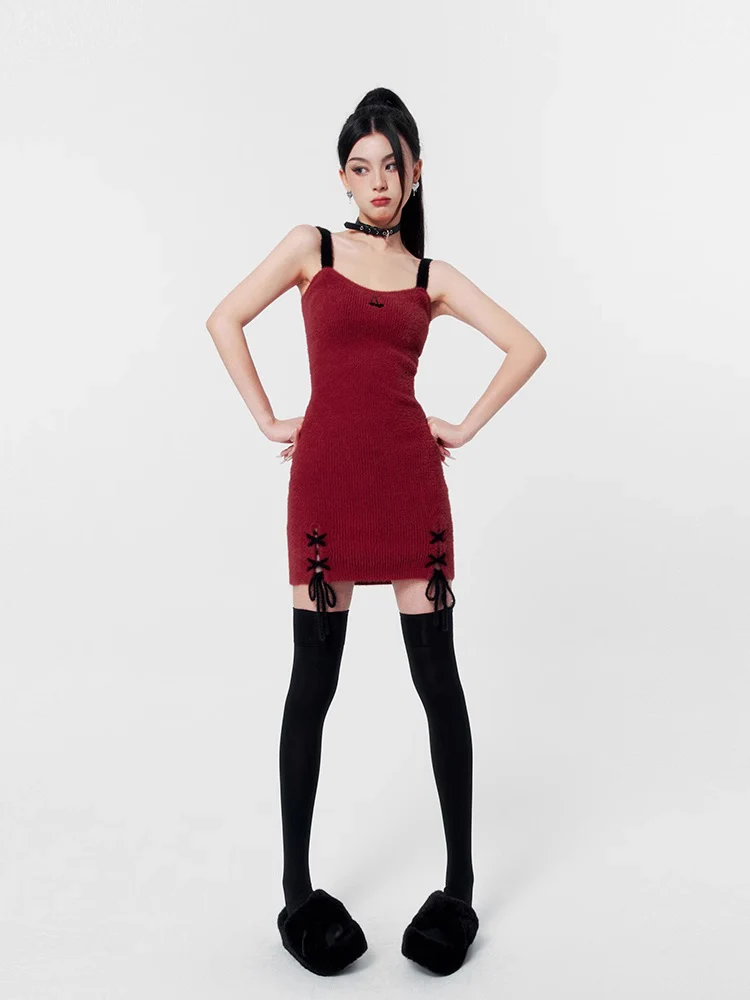 Wine Red Dress Dress Knitted Short Cardigan - Image 10