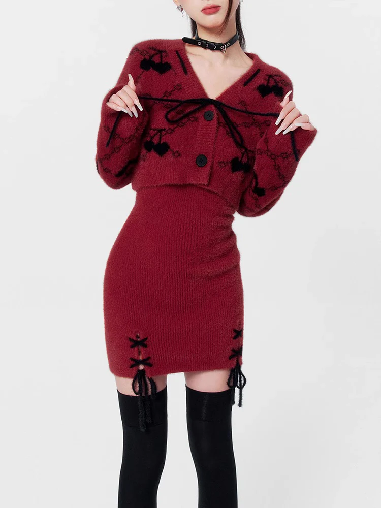 Wine Red Dress Dress Knitted Short Cardigan - Image 11