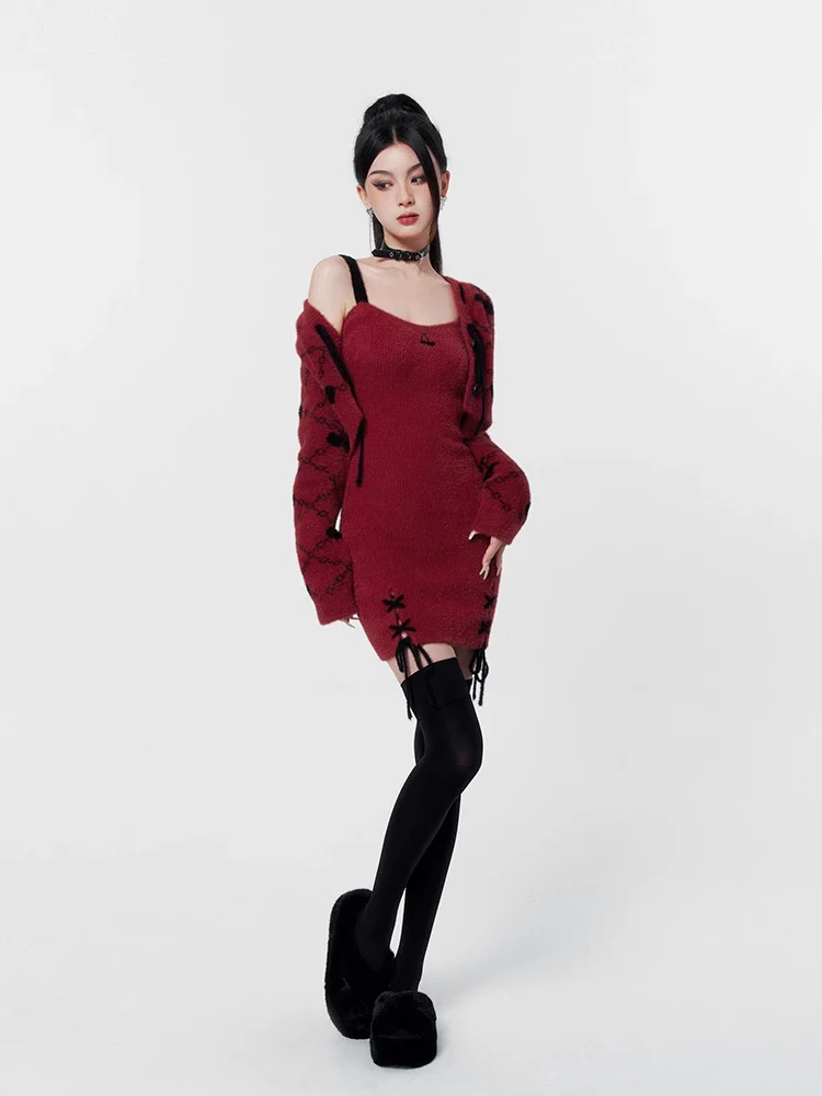 Wine Red Dress Dress Knitted Short Cardigan - Image 12