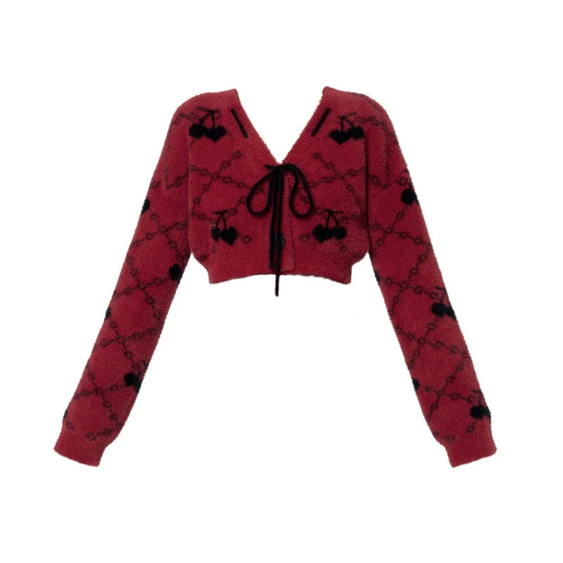Wine Red Dress Dress Knitted Short Cardigan - Image 13