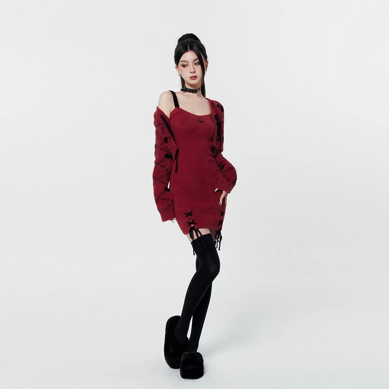 Wine Red Dress Dress Knitted Short Cardigan - Image 3