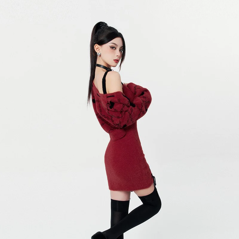Wine Red Dress Dress Knitted Short Cardigan - Image 4