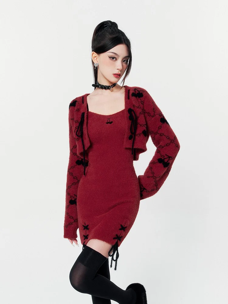 Wine Red Dress Dress Knitted Short Cardigan - Image 5