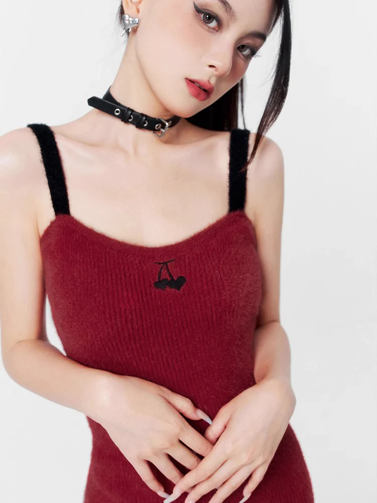 Wine Red Dress Dress Knitted Short Cardigan - Image 6