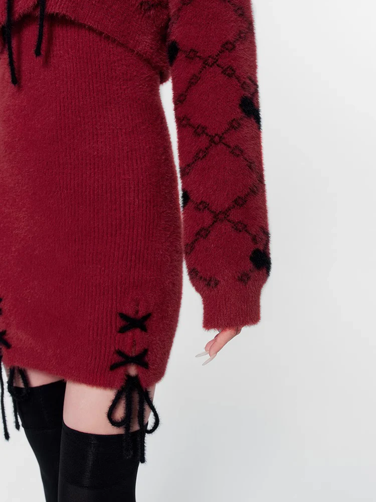 Wine Red Dress Dress Knitted Short Cardigan - Image 7