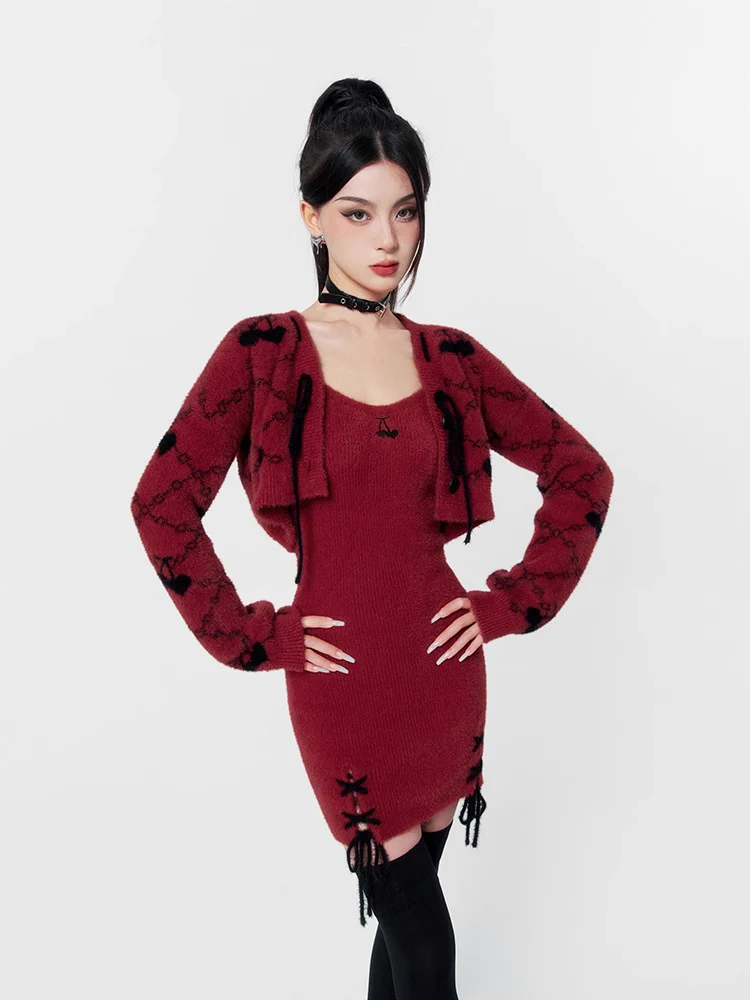 Wine Red Dress Dress Knitted Short Cardigan - Image 8