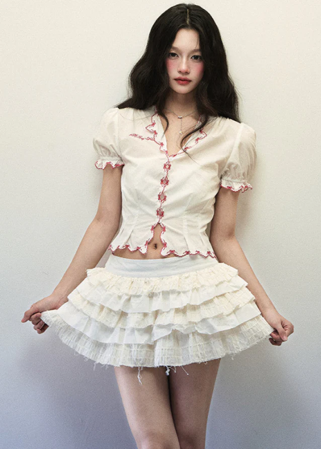White Cotton Bow Lace Short Sleeve V-Neck Shirt - Image 3
