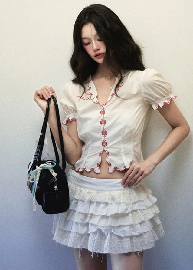White Cotton Bow Lace Short Sleeve V-Neck Shirt - Image 5