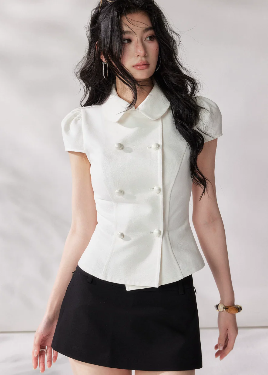 White Doll Collar Denim Shirt - Image 10