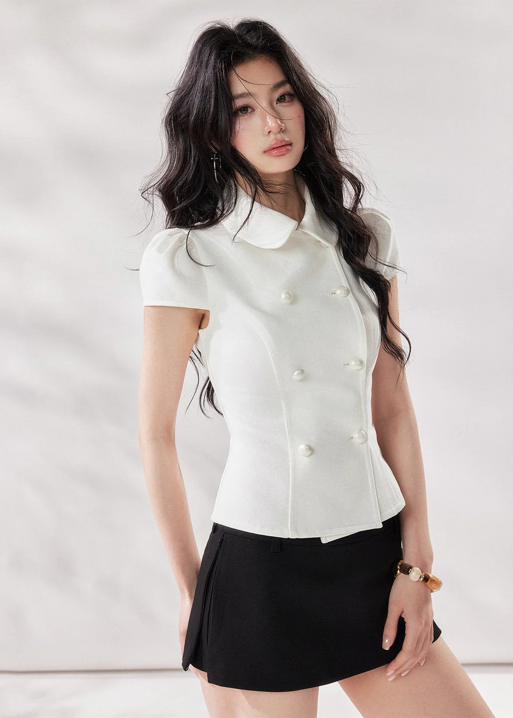 White Doll Collar Denim Shirt - Image 2