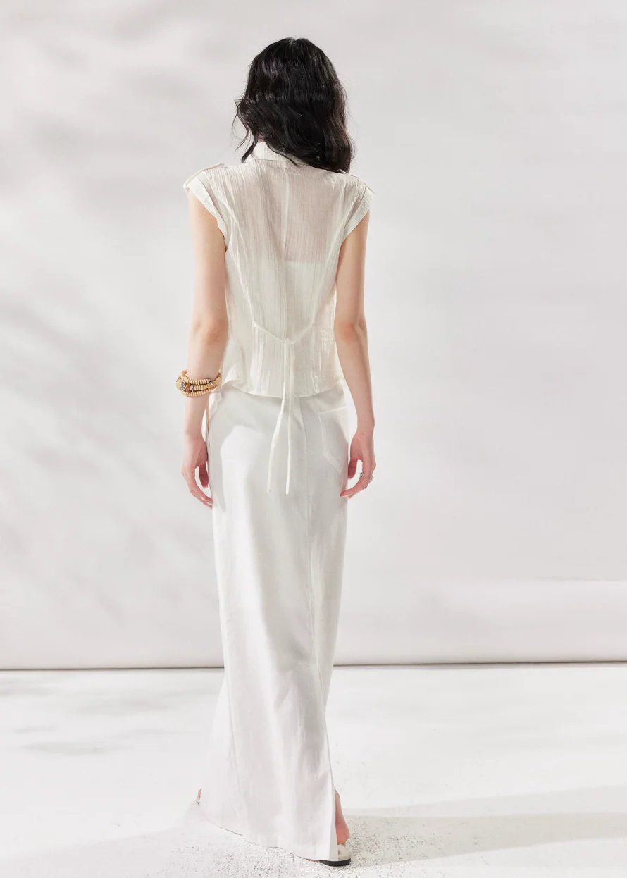 White Linen Drawstring Maxi Skirt - Image 10