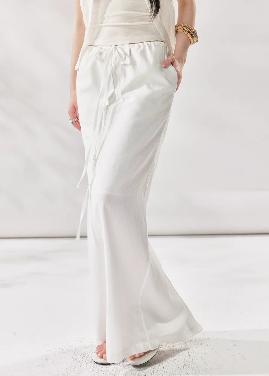 White Linen Drawstring Maxi Skirt - Image 2