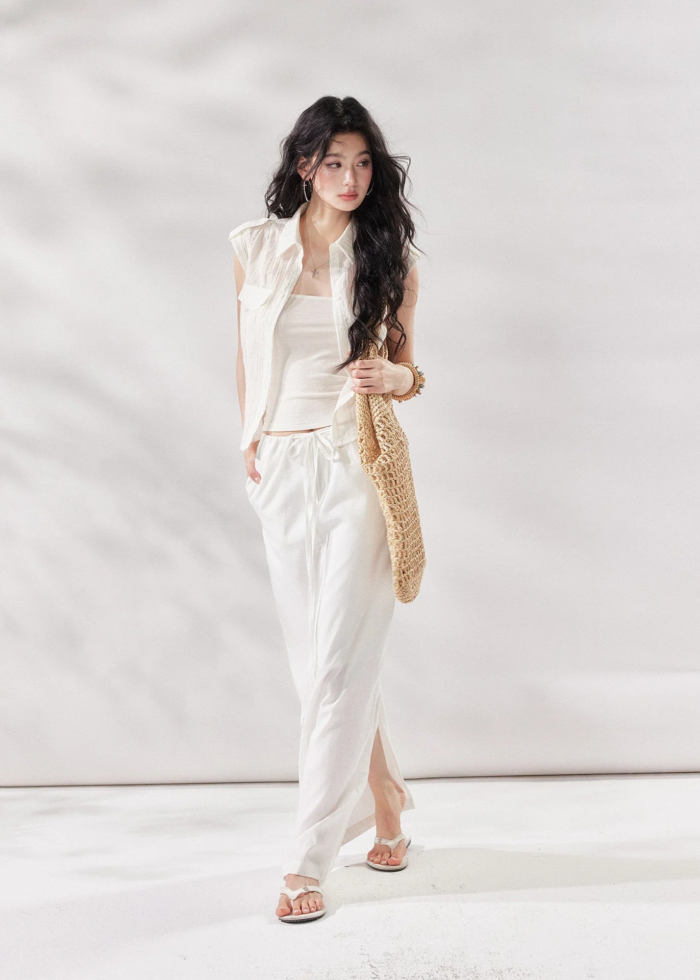 White Linen Drawstring Maxi Skirt - Image 6