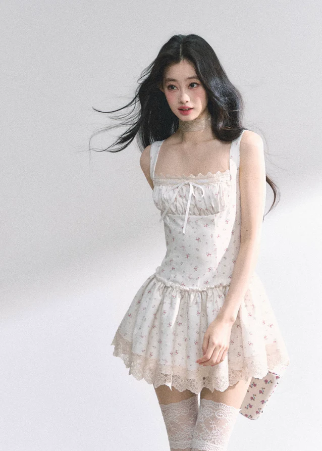 White pear French lace floral suspender dress - Image 4