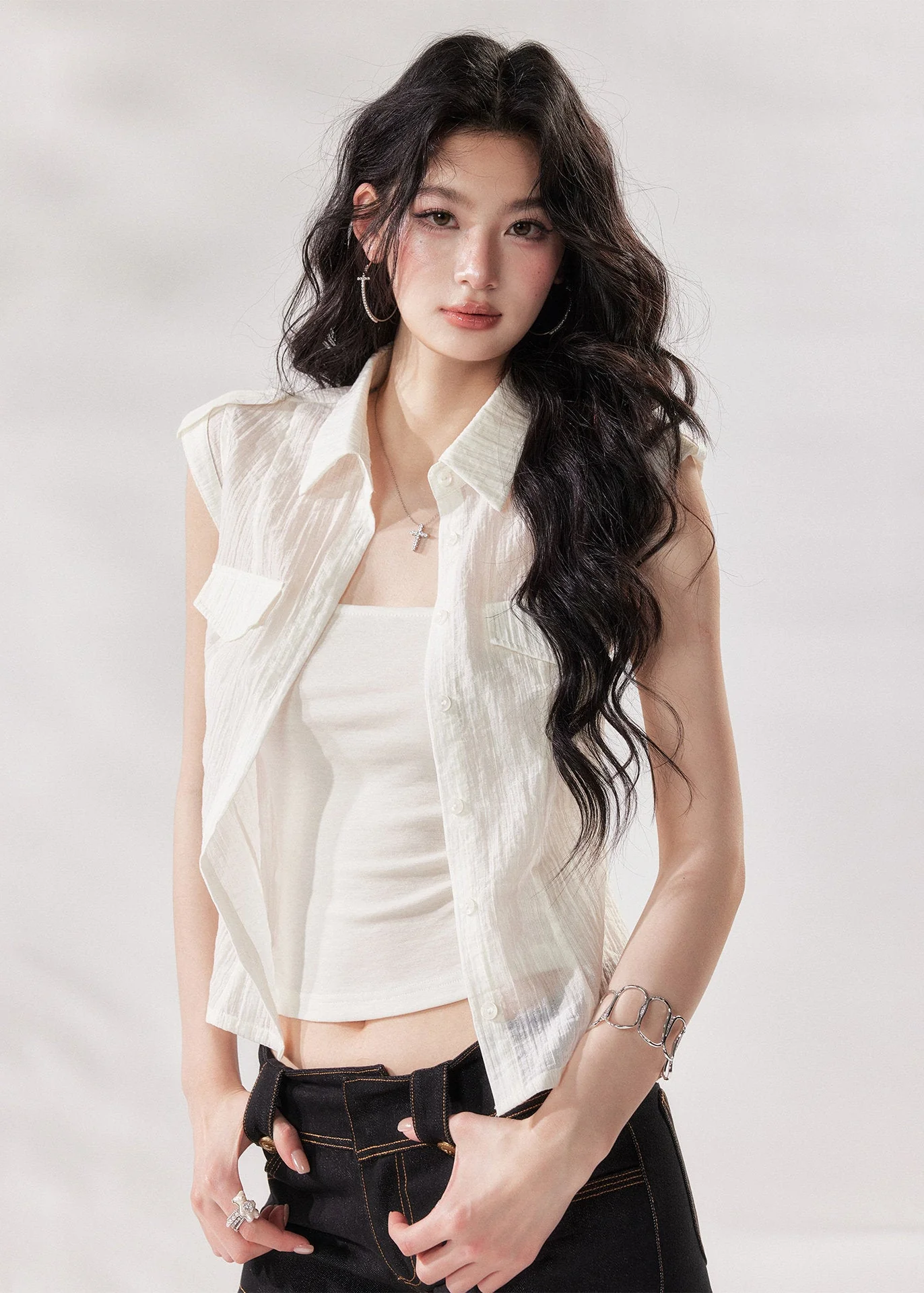 White Tencel Layered Shirt Set - Image 2